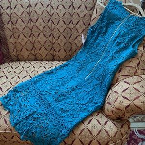 NWT bright blue lace dress lined bodice to knee sheer below knee & above bra L